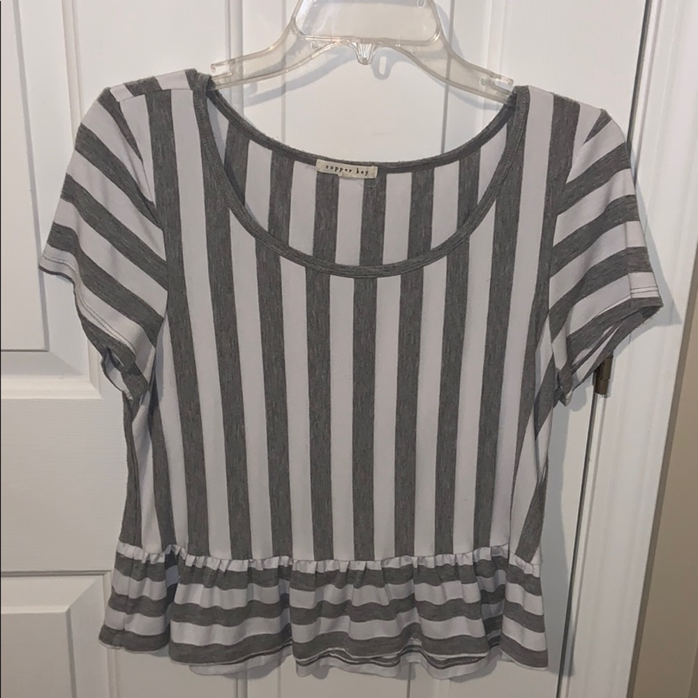 gray and white striped top